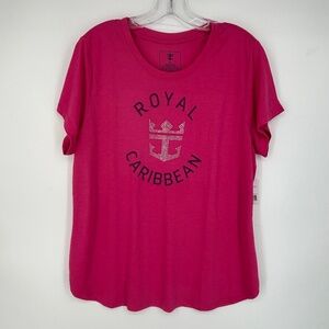 Royal Caribbean Womens XL T-Shirt Pink Rhinestones Crown Anchor Logo Short Slv